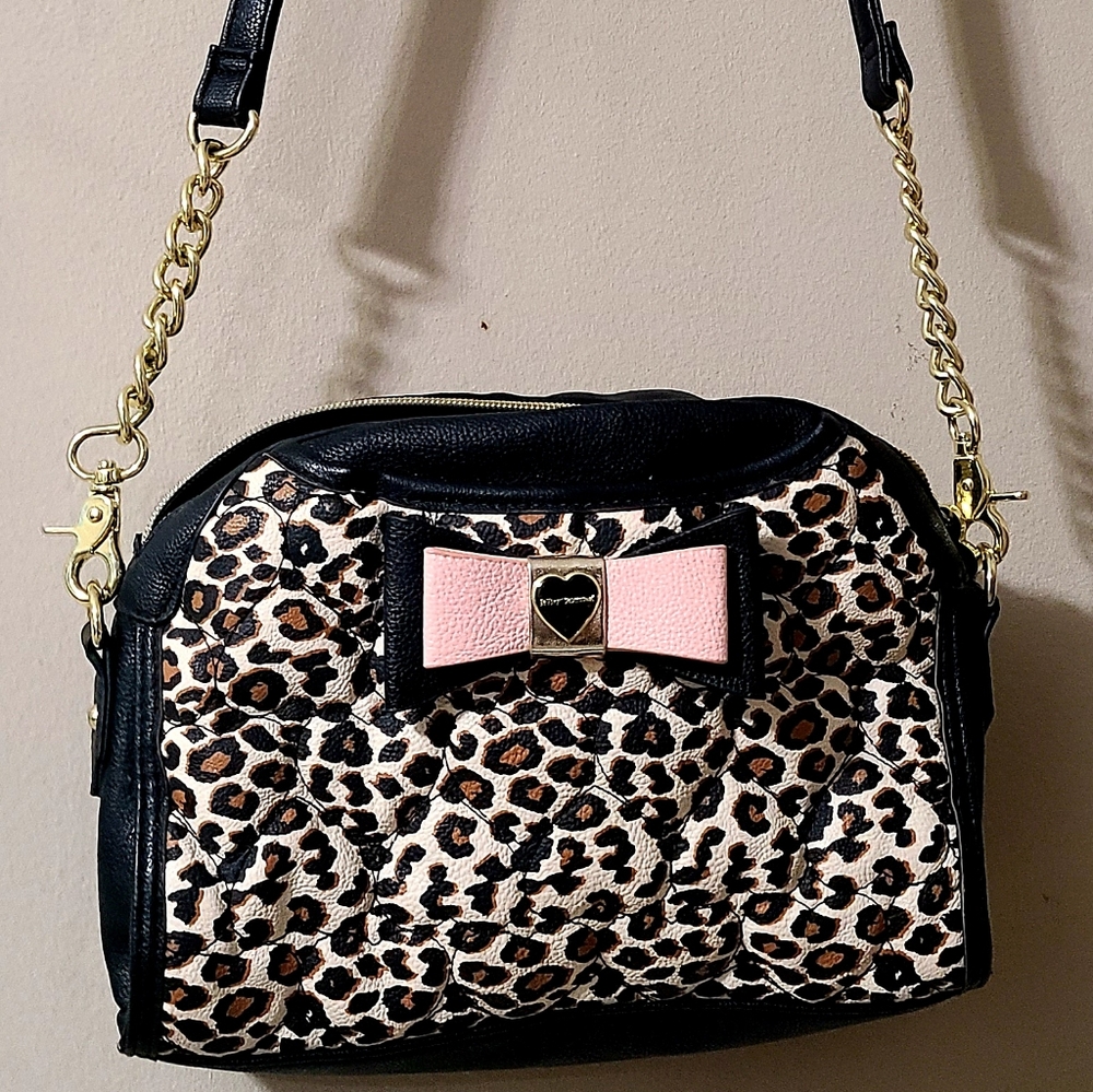 Betsey Johnson purse, small cheetah print with black and blush accents